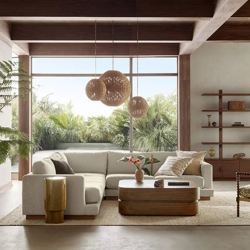 Room setting Milano walnut wood coffee table 48 inches square
