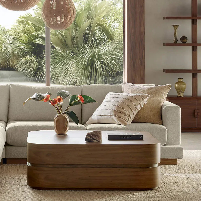 Room setting close up Milano walnut wood coffee table 48 inches square