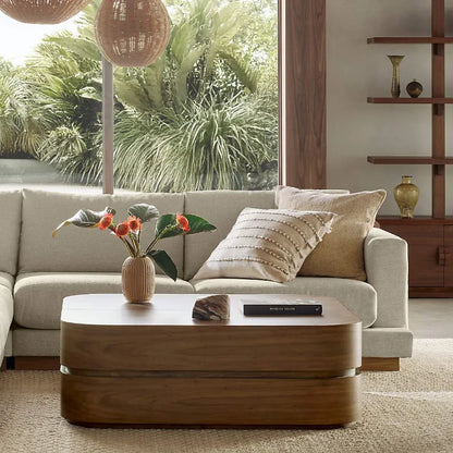 Room setting close up Milano walnut wood coffee table 48 inches square