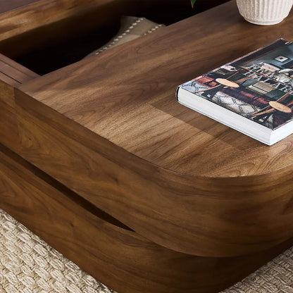 Corner view Milano walnut wood coffee table 48 inches square