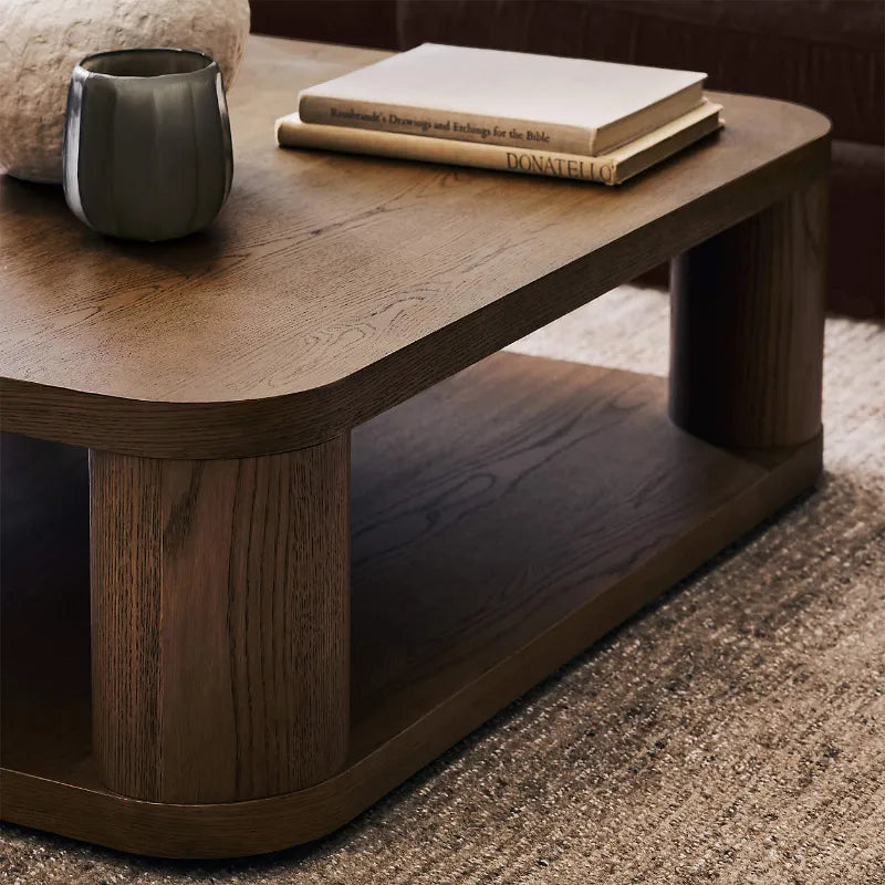 corner view Oakhurst oak wood coffee table 46 inches square